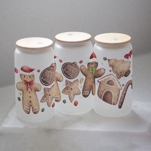 Christmas Cookies Glasses cup 16 oz glass cup with Straw & Bamboo Lid